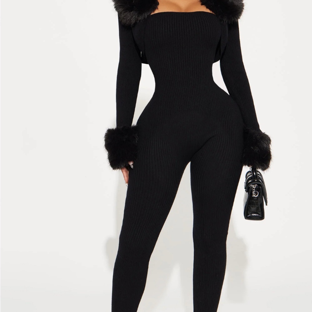 Fashion Nova Black Ribbed Off-Shoulder Jumpsuit with Faux Fur Trim